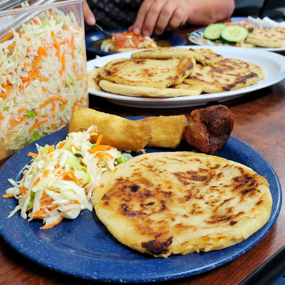 Plates of grilled flatbreads, shredded cabbage slaw, fried plantains, and browned meat are served around a shared dining table.