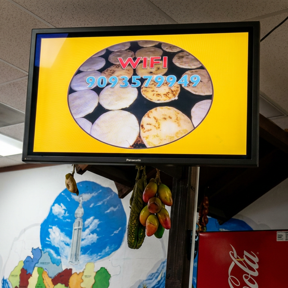 Restaurant interior with a wall-mounted screen displaying a Wi-Fi password above colorful fruit decorations and a Coca-Cola refrigerator.