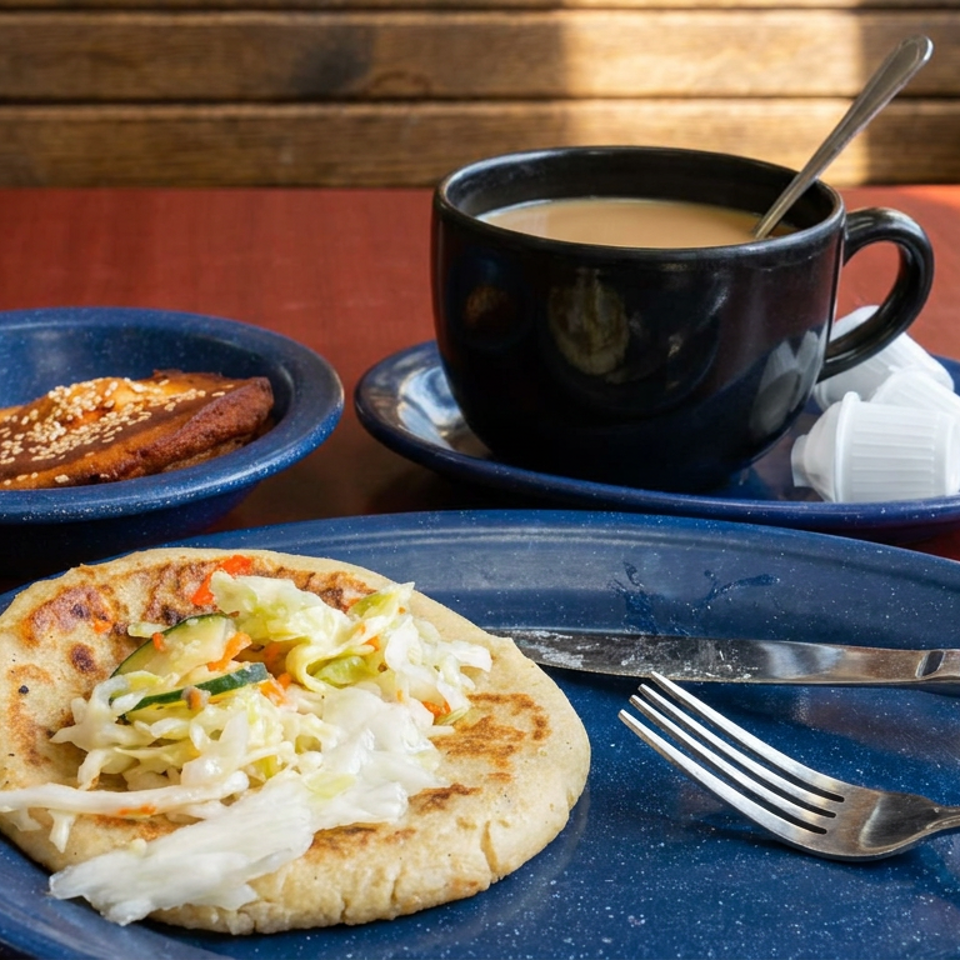 Blue ceramic plates hold a vegetable-topped flatbread, pastry, and coffee on a wooden restaurant table.